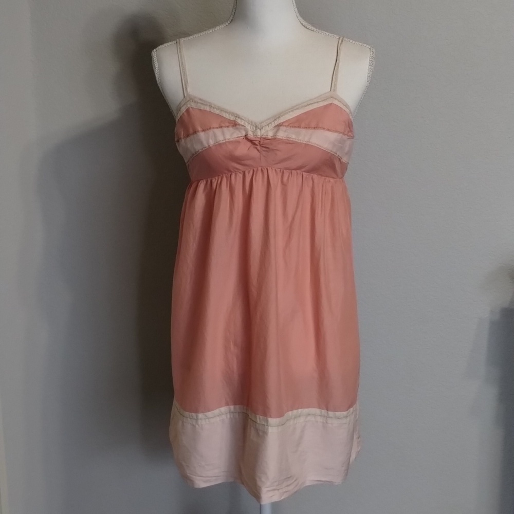 Anthropologie Feather Bone dress adj strap pink gold size medium silk blend med